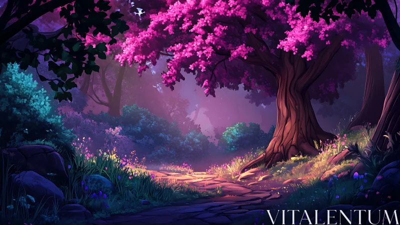 Bioluminescent Forest Landscape with Magenta Canopy.