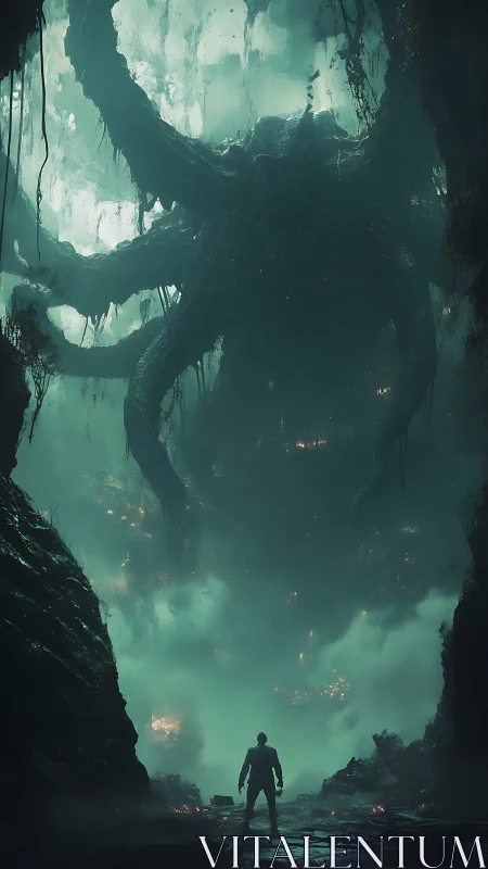Lone figure confronts colossal tentacled entity in abyss