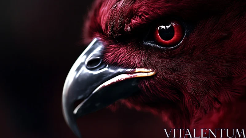 Intense close-up of a crimson hawk in dramatic lighting, digital art.