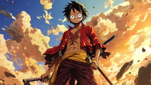 Anime swordsman figure against dramatic sunset sky backdrop.