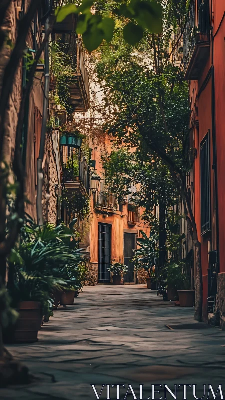 Narrow European alleyway with plants and residential facades.