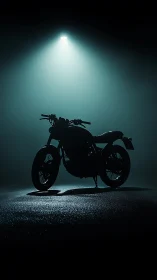 Motorcycle silhouette isolated under a single overhead spotlight