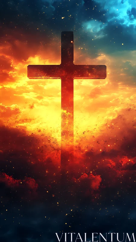 Radiant cross rising through glowing stormlit heavens.