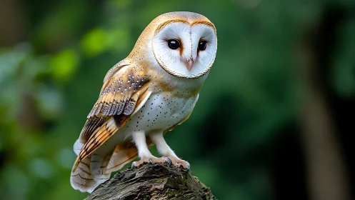Barn owl perched on tree stump in vibrant nature photography.