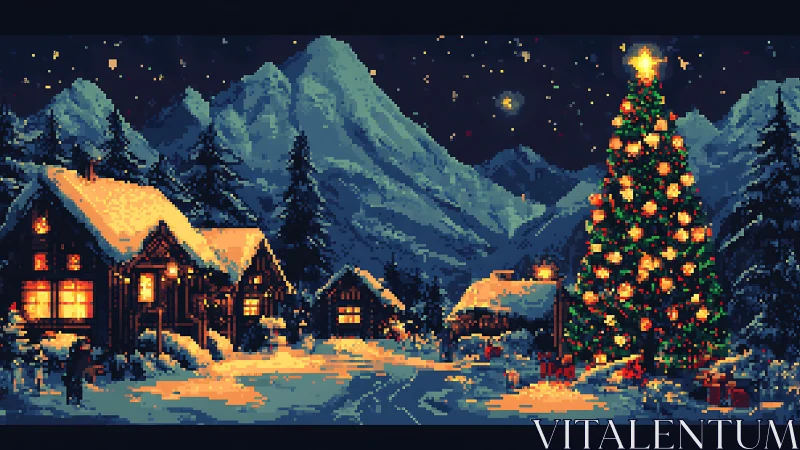 Pixel snowglobe village under a towering starlit Christmas tree.