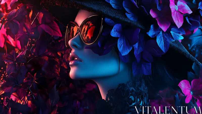 Chromatic portrait of floral-shrouded woman in neon contrast.