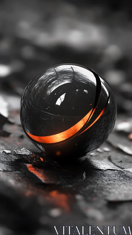 Luminous molten core sphere rests on fractured metallic ground
