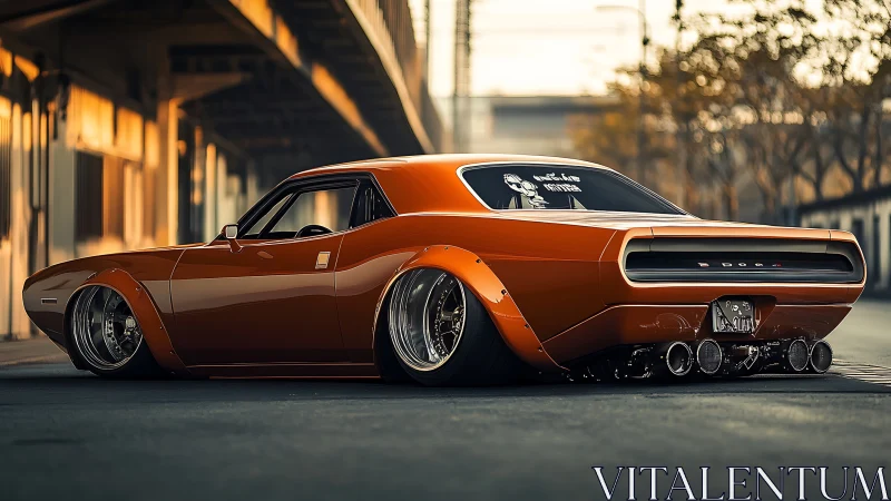Modified orange Dodge muscle car on quiet city street.