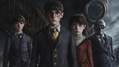 Victorian siblings before looming clock in eerie mansion.