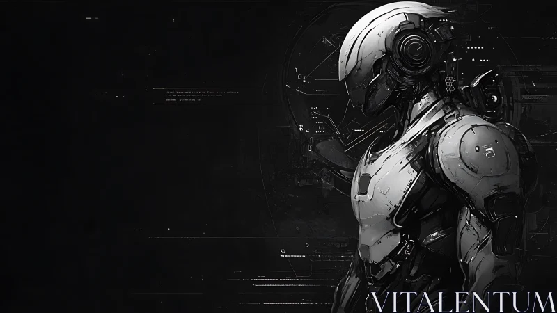 Monochrome armored android profile with segmented exoskeletal plating