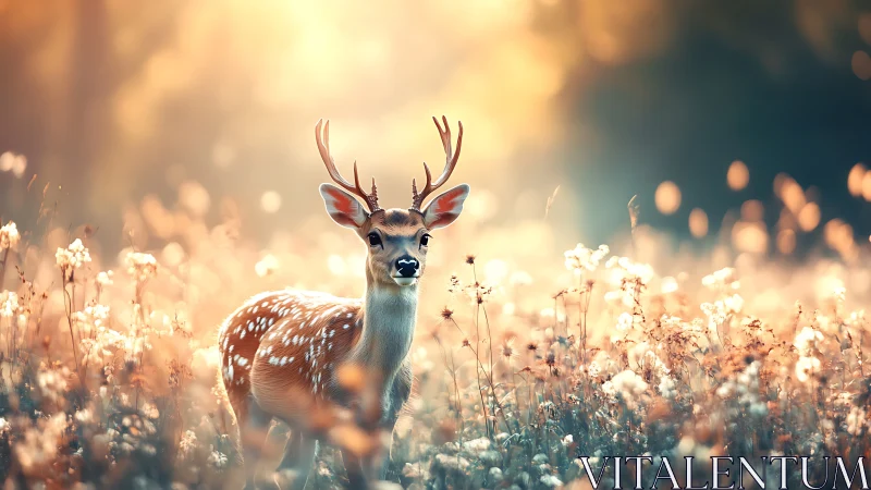 Young spotted deer stands in soft backlit meadow at sunrise