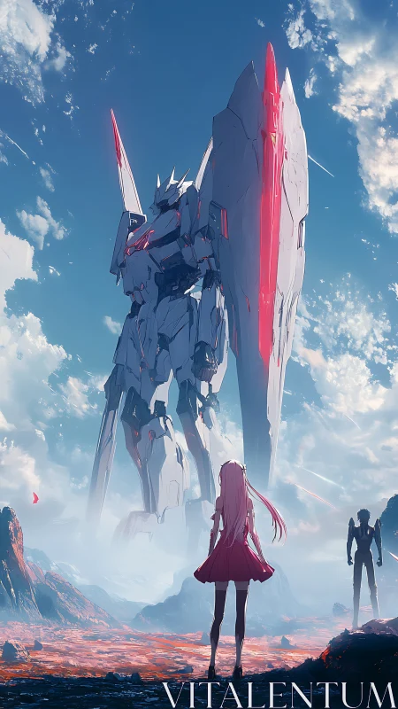 Girl confronts towering white mecha under vast blazing sky