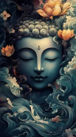 Serene Buddha visage immersed in swirling oceanic lotus currents