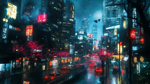 Neon city streets glow softly through a quiet midnight rain