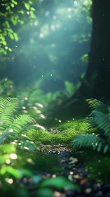 Sunlit Forest Floor with Verdant Growth and Particles.