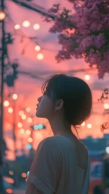 Silhouetted girl beneath blossom bokeh at neon dusk street.
