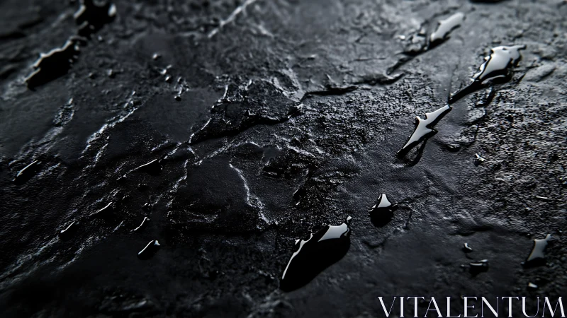 Dark textured surface holds glossy liquid droplets in focus