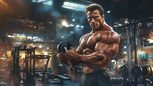 Hyperreal bodybuilder executing dumbbell curl in moody gym