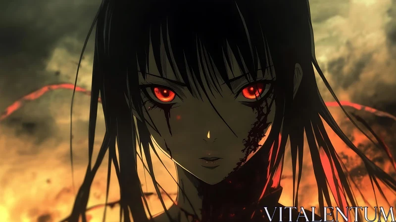 Intense red eyed anime girl with cracked shadowed face