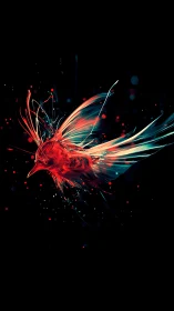 Neon ember bird erupts from darkness in streaming light