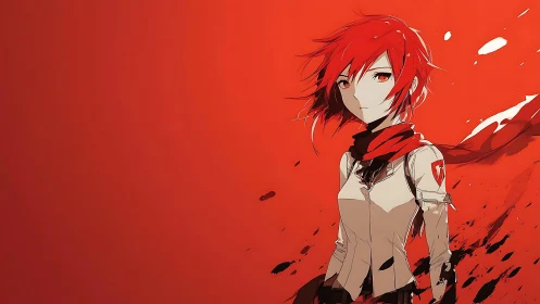 Red-haired anime hero wrapped in a bold crimson world.