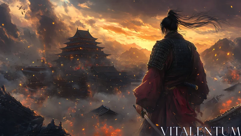 Samurai warrior overlooking burning feudal citadel at dusk.