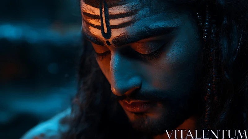 Meditative dusk saint in sapphire and ember silence.