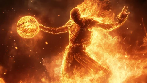 Digital painting of fiery basketball avatar in dynamic motion.