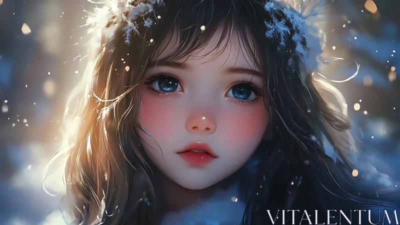 Snowlit girl with starlit eyes in a hush of winter magic.