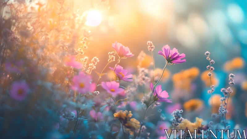 Shallow Depth Field Cosmos Flowers with Golden Hour Backlight