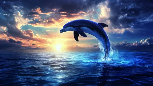 High-contrast dolphin breach over sunlit open ocean at dusk