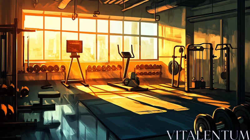 Golden sunrise pours into a quiet gym ready for fresh starts