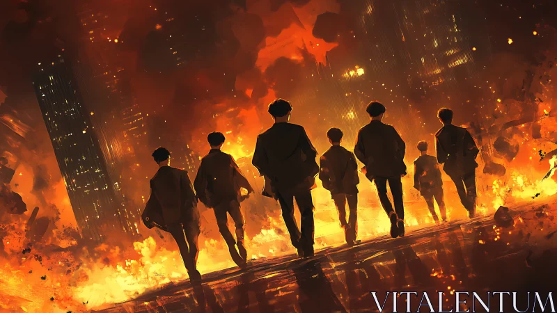 Silhouetted group walks through burning futuristic cityscape.