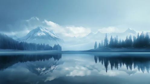 Calm mountain lake wrapped in soft morning mist and light.