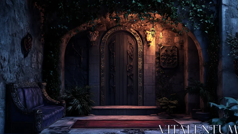 Ornate arched wooden door in dim ivy covered stone entry