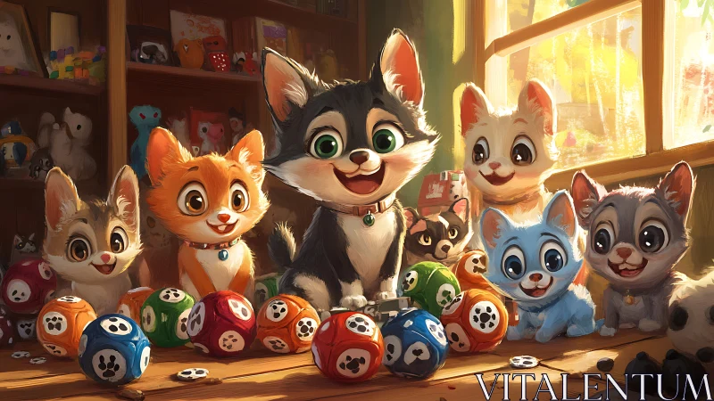 Anthropomorphic Feline Characters in Domestic Interior with Paw-Patterned Game Pieces