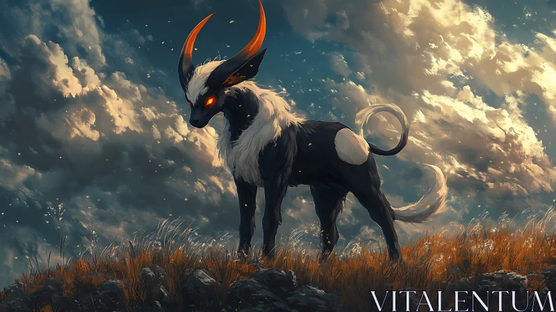 Bioluminescent horned creature stands on windswept ridge at dusk