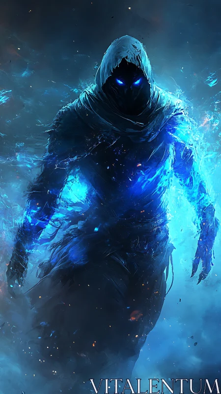 Hooded specter strides through electric blue cosmic flames.