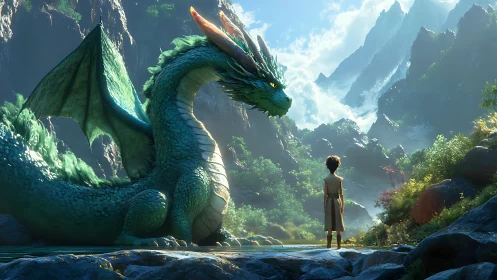 Young adventurer meets gentle emerald dragon in bright valley
