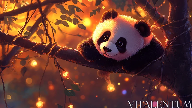 Panda cub on illuminated tree branch at dusk in forest.