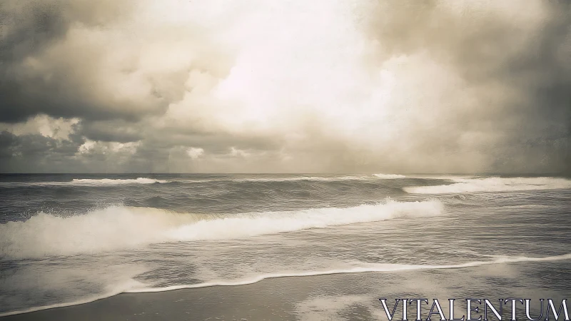 Moody waves roll beneath a softly glowing storm sky