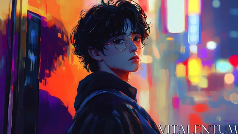 Neon-lit youth portrait under vibrant city glow at night.