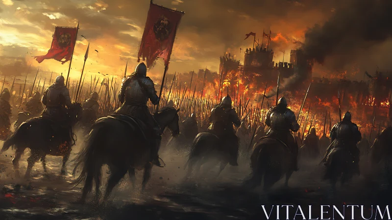 Armored cavalry advancing toward a burning besieged city.