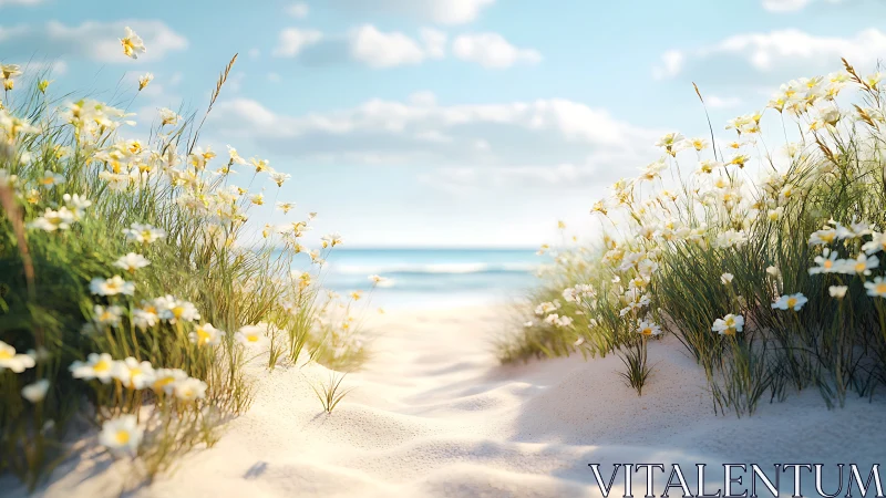 Sunlit dune daisies framing a gentle pastel-blue shoreline.