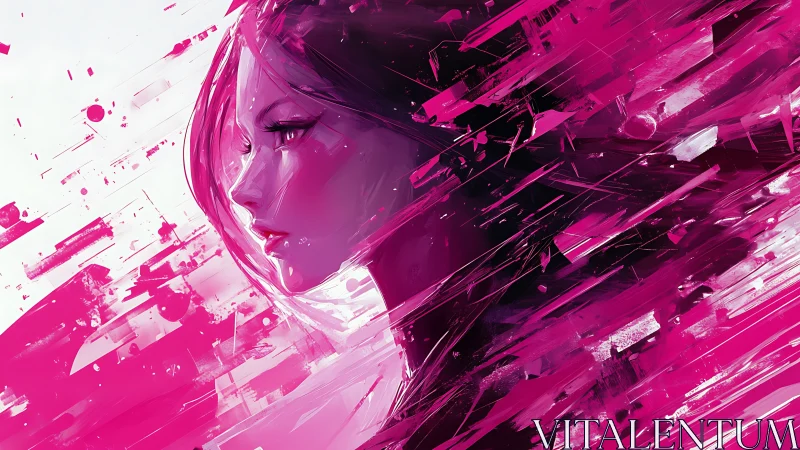Neon pink portrait shatters into dynamic digital fragments.