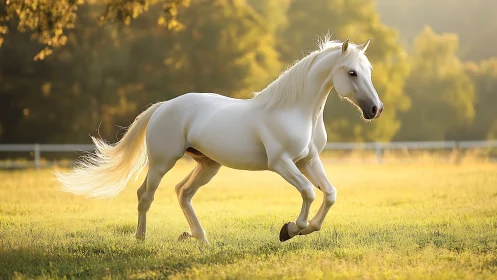 White horse cantering across sunlit pasture at sunrise.