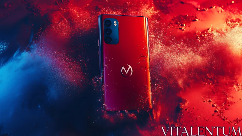 Red smartphone in mixed red and blue particulate environment.