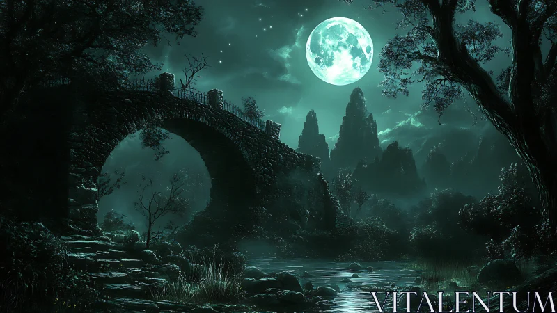 Moonlit stone bridge over river in dark forest valley.