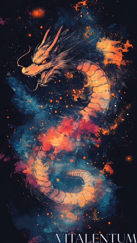 Starlit cosmic dragon coils through glowing nebula clouds