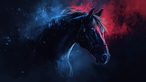 Digital horse portrait isolates head against dual color field